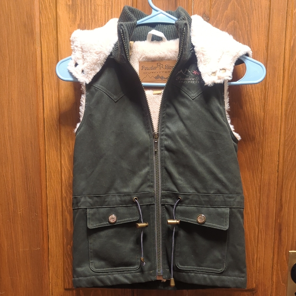 Powder River Outfitters PanhandleSlimGirls Sz S Olive Faux Fur Lined Hooded Vest